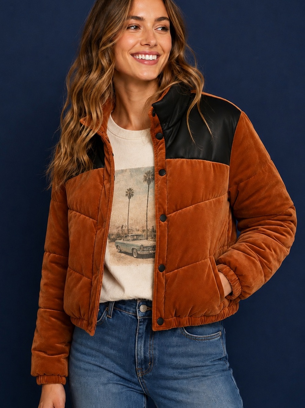 Celebrity Pink NWT Rust Cognac Velvet Cropped Puffer Jacket